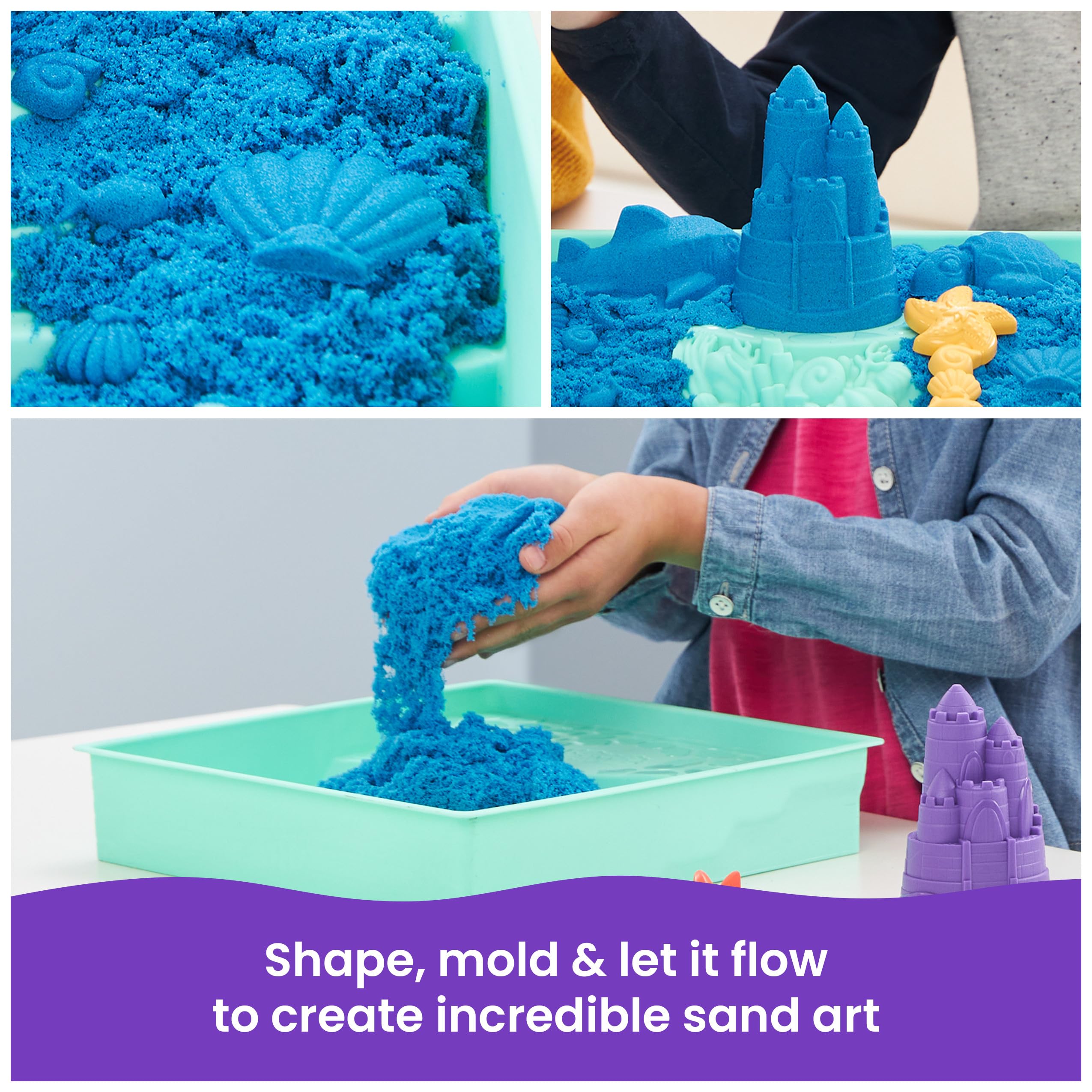 Kinetic Sand Sandbox Set - 1lb Blue Play Sand with 4 Molds and Storage Tray for Ages 3+