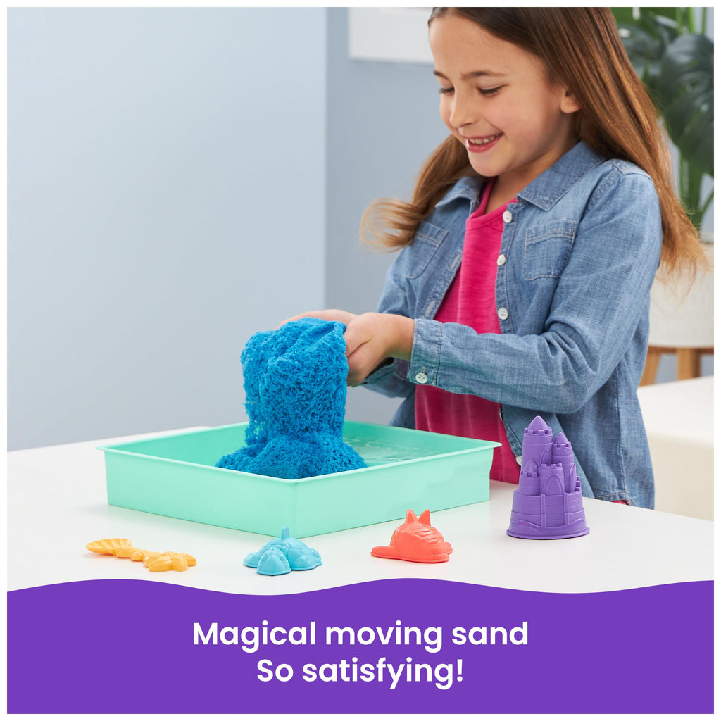 Kinetic Sand Sandbox Set - 1lb Blue Play Sand with 4 Molds and Storage Tray for Ages 3+