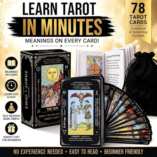 King's Palace Rider Waite Tarot Deck for Beginners – 78 Cards with Printed Meanings, Guidebook & Velvet Bag