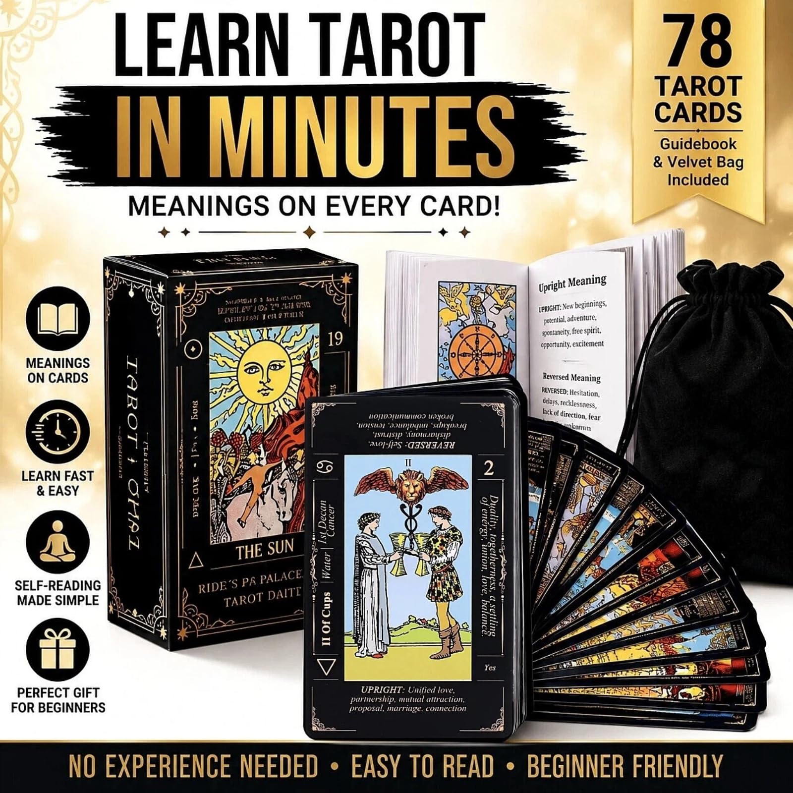 King's Palace Rider Waite Tarot Deck for Beginners – 78 Cards with Printed Meanings, Guidebook & Velvet Bag