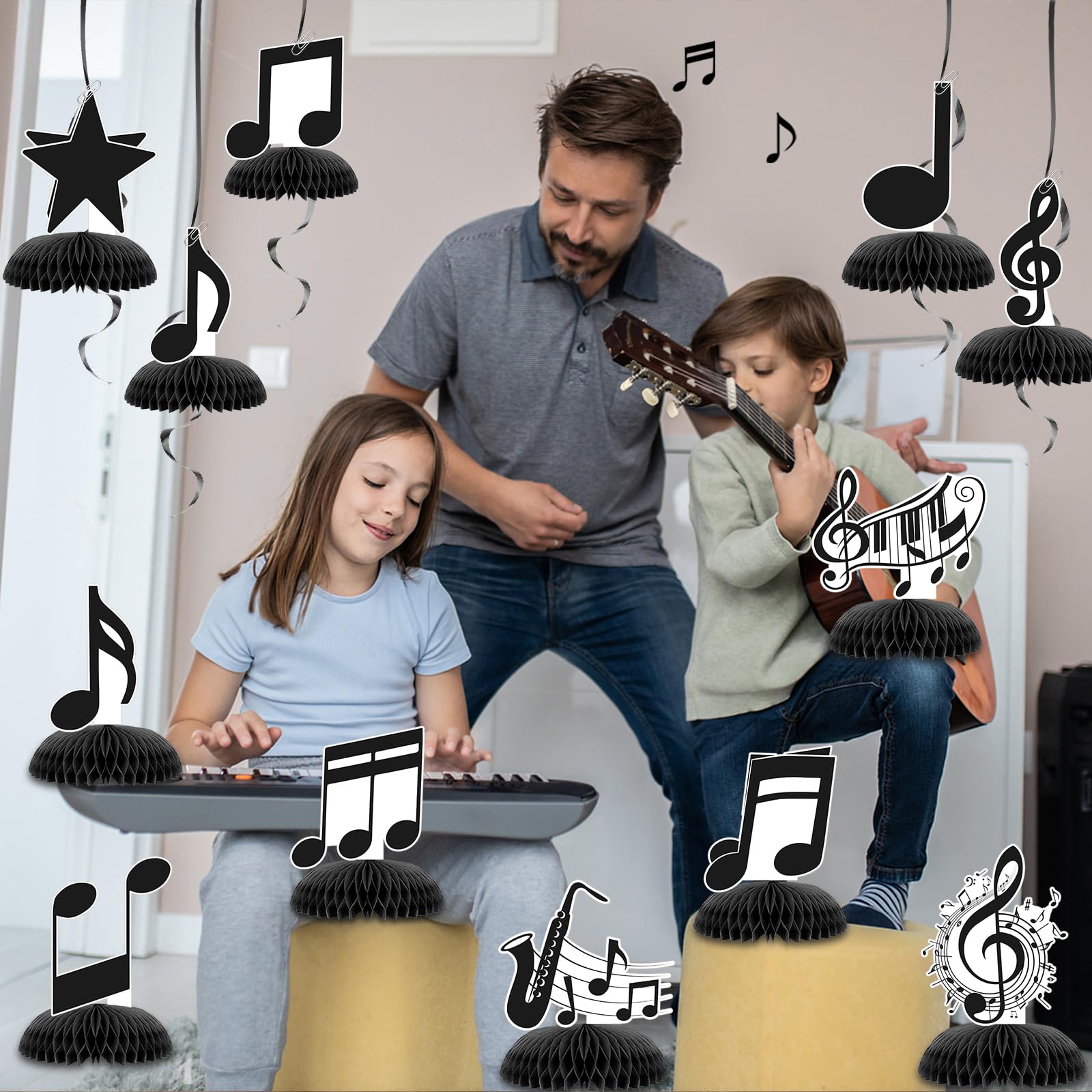 KINGZONE 12 Pack Music Notes Honeycomb Centerpieces - Musical Theme Party Table Decorations