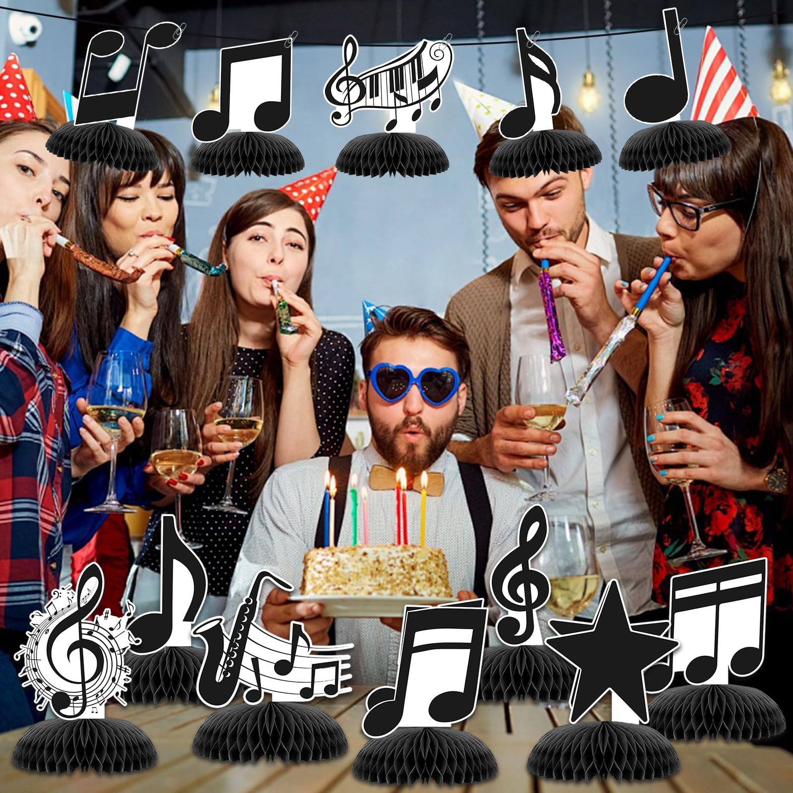 KINGZONE 12 Pack Music Notes Honeycomb Centerpieces - Musical Theme Party Table Decorations