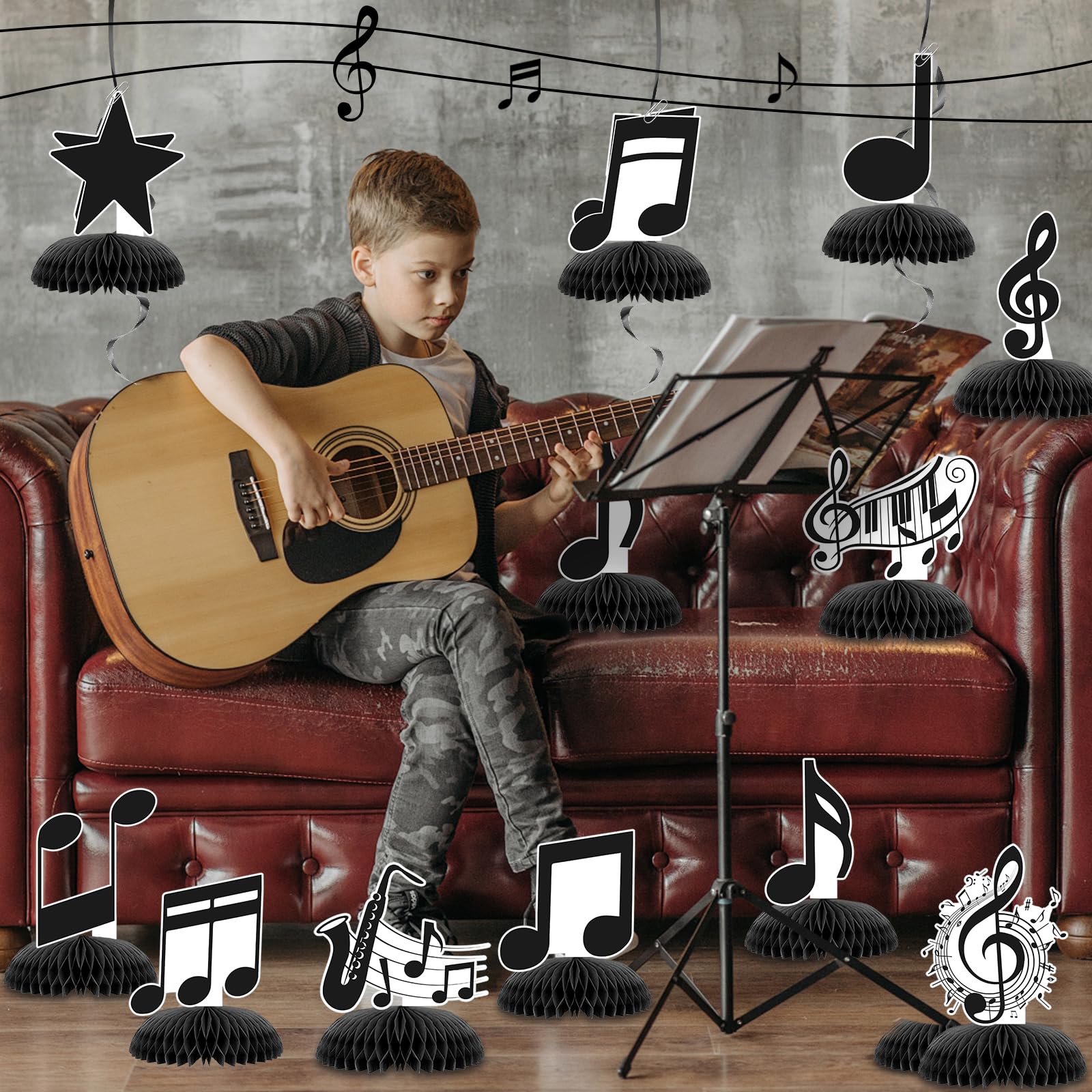 KINGZONE 12 Pack Music Notes Honeycomb Centerpieces - Musical Theme Party Table Decorations