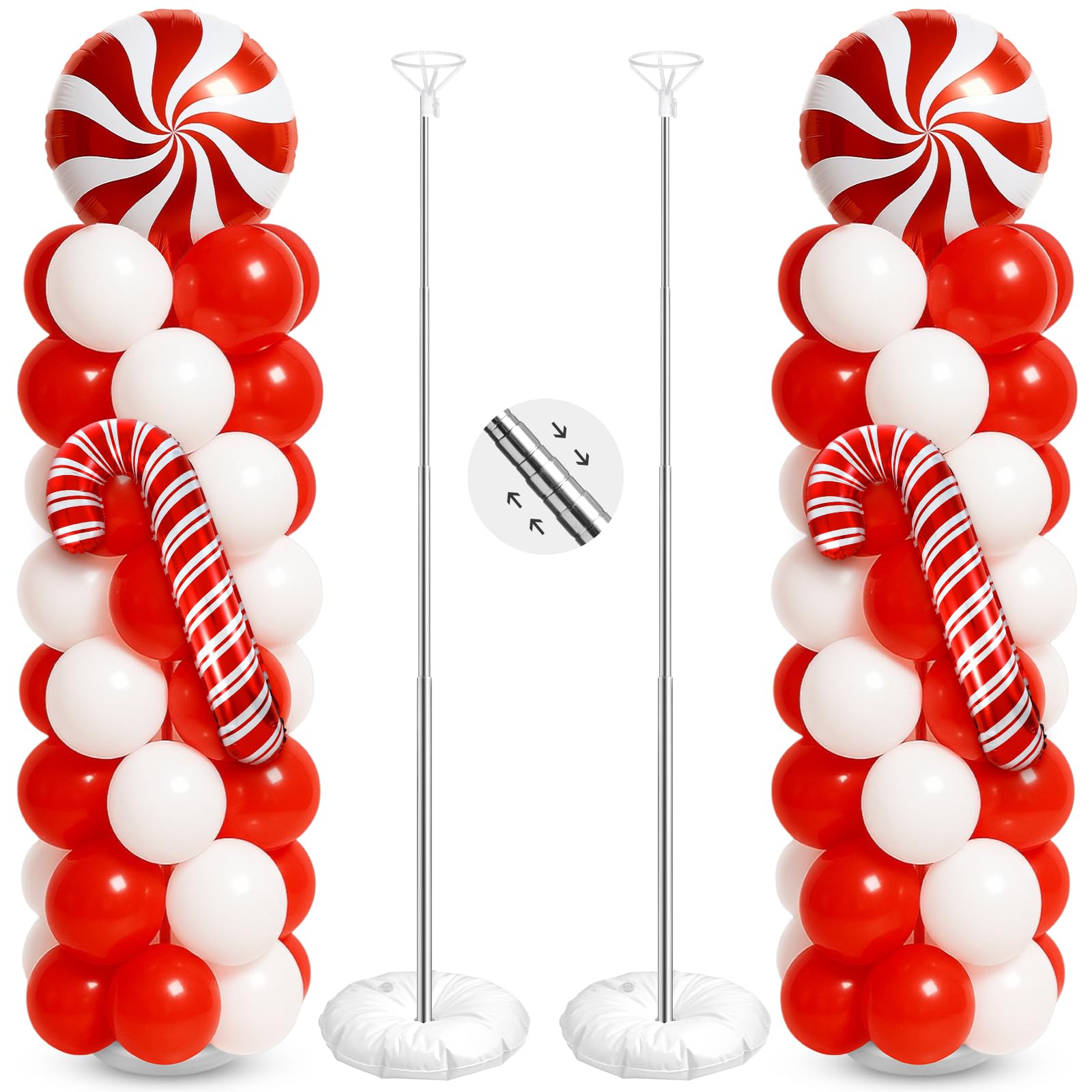 Kinlop 2-Pack Christmas Balloon Column Stand Kit – Red & White Foil and Latex Balloons with Adjustable Poles