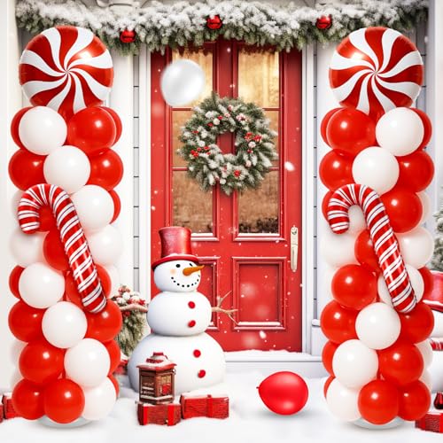 Kinlop 2-Pack Christmas Balloon Column Stand Kit – Red & White Foil and Latex Balloons with Adjustable Poles
