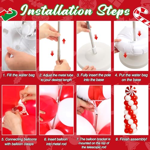 Kinlop 2-Pack Christmas Balloon Column Stand Kit – Red & White Foil and Latex Balloons with Adjustable Poles