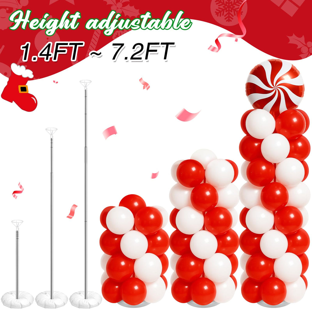 Kinlop 2-Pack Christmas Balloon Column Stand Kit – Red & White Foil and Latex Balloons with Adjustable Poles