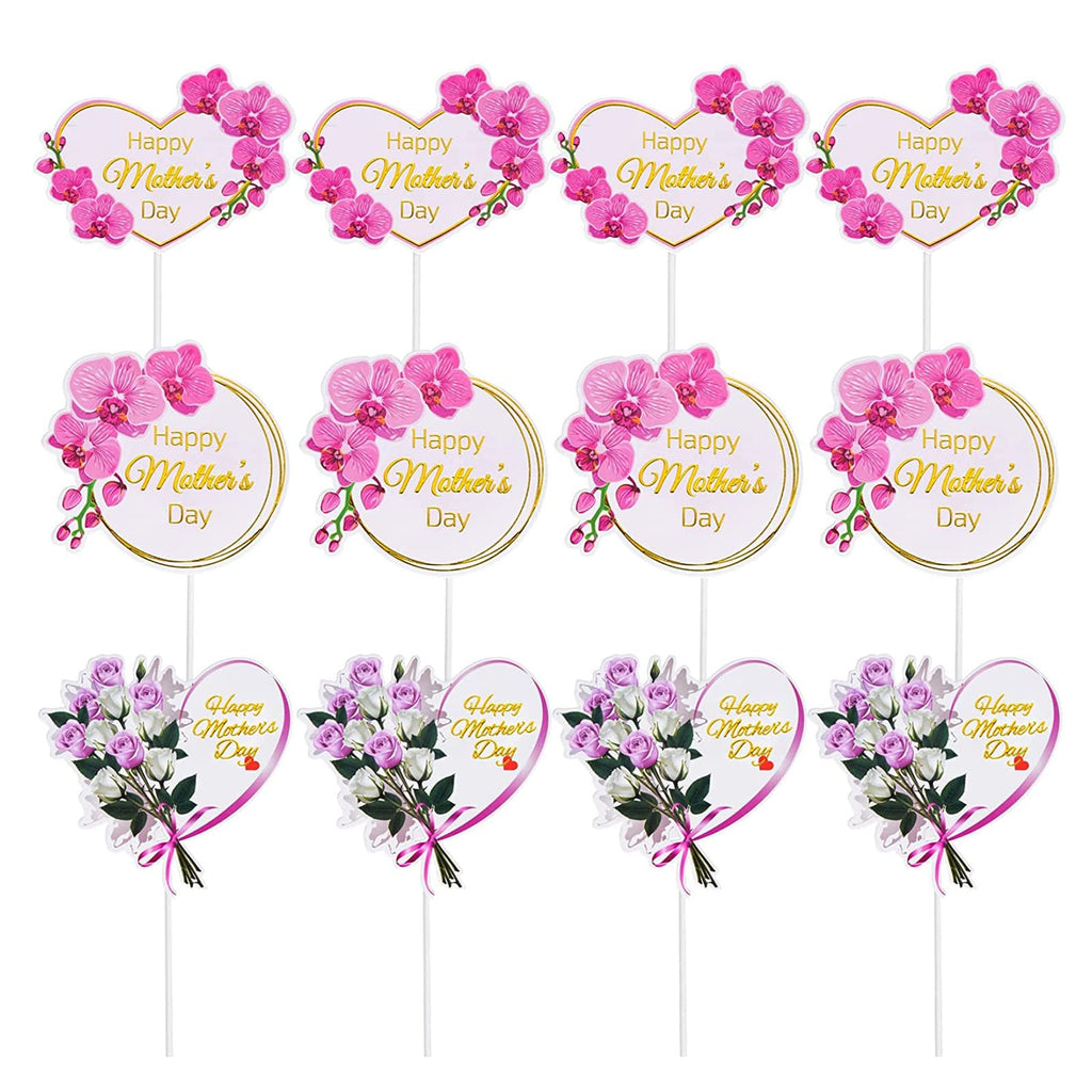 KIPETTO 24-Piece Mother's Day Cake Toppers - Floral Cupcake Picks with Happy Mother's Day Words, 3 Styles