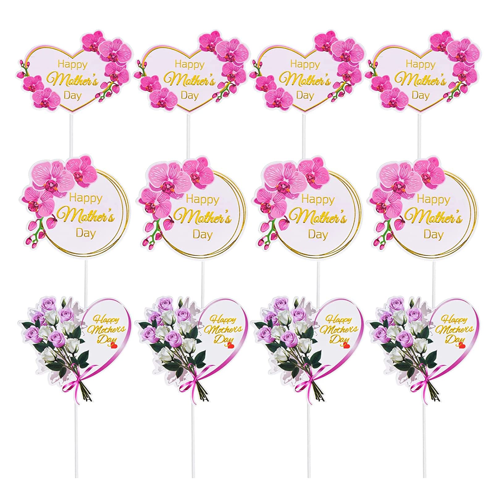 KIPETTO 24-Piece Mother's Day Cake Toppers - Floral Cupcake Picks with Happy Mother's Day Words, 3 Styles