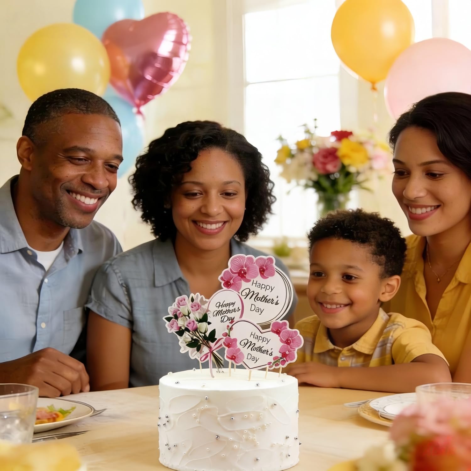 KIPETTO 24-Piece Mother's Day Cake Toppers - Floral Cupcake Picks with Happy Mother's Day Words, 3 Styles