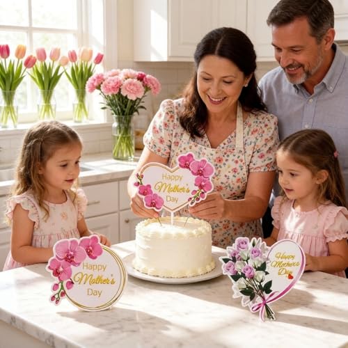 KIPETTO 24-Piece Mother's Day Cake Toppers - Floral Cupcake Picks with Happy Mother's Day Words, 3 Styles