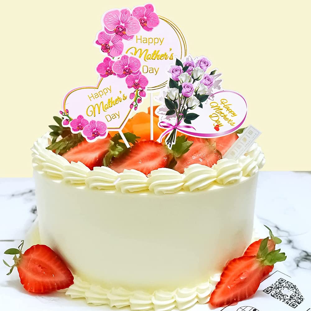 KIPETTO 24-Piece Mother's Day Cake Toppers - Floral Cupcake Picks with Happy Mother's Day Words, 3 Styles