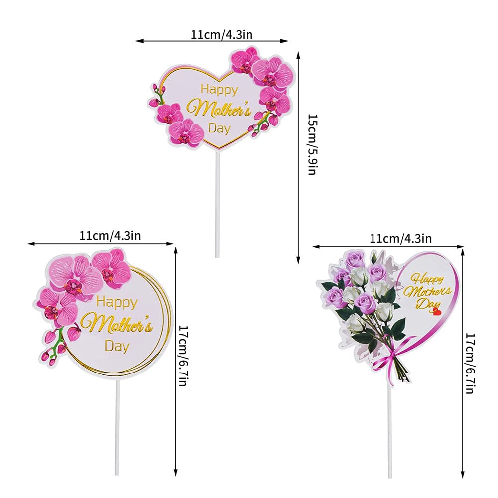 KIPETTO 24-Piece Mother's Day Cake Toppers - Floral Cupcake Picks with Happy Mother's Day Words, 3 Styles
