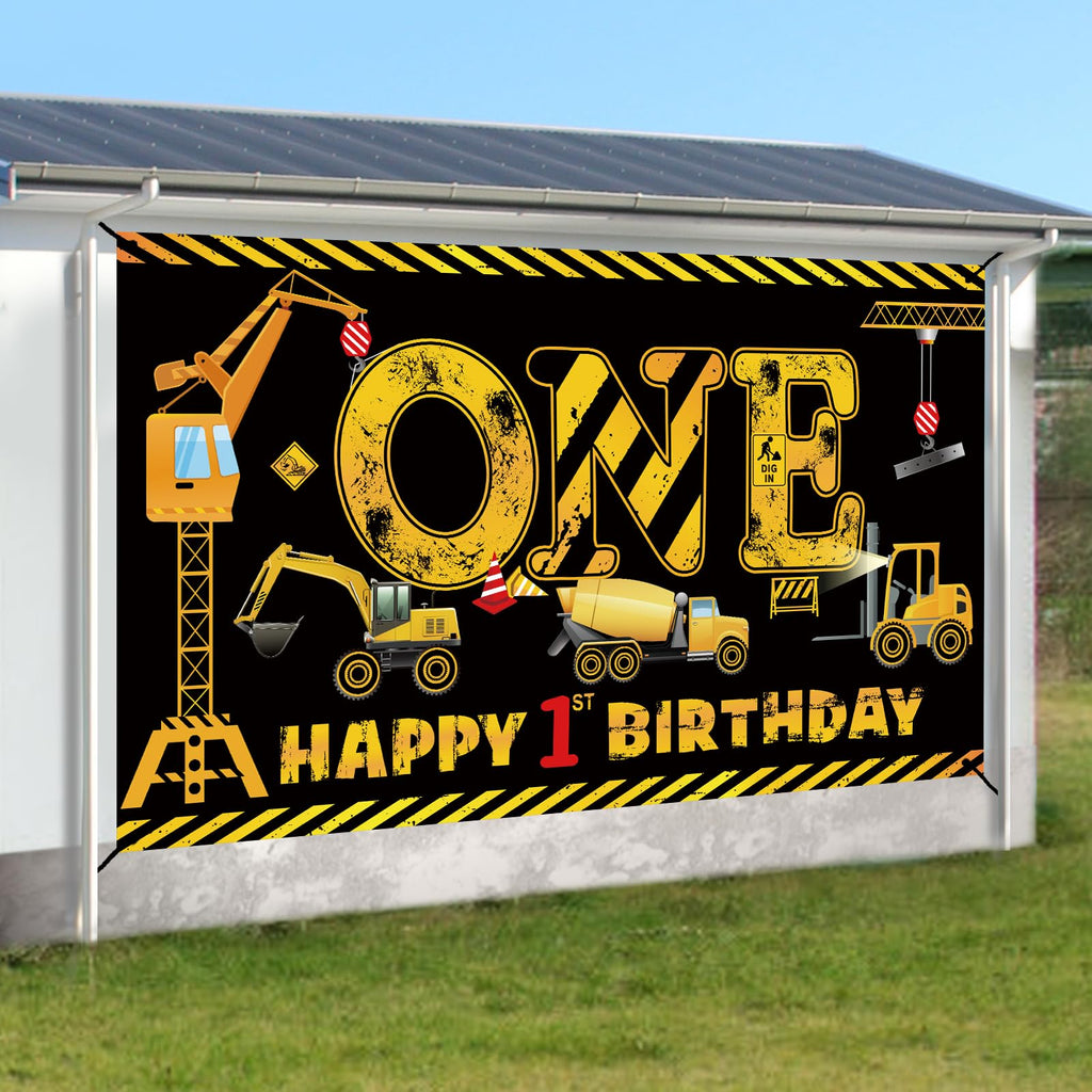 Kircirx 1st Birthday Banner for Boys – Excavator Dump Truck Theme, Black & Yellow, 72.8x43.3 Inch