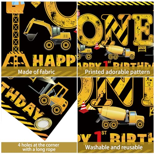 Kircirx 1st Birthday Banner for Boys – Excavator Dump Truck Theme, Black & Yellow, 72.8x43.3 Inch