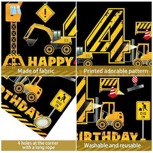 Kircirx 4th Birthday Banner for Boys – Excavator Dump Truck Theme, 72.8x43.3 Inch Polyester Party Decoration