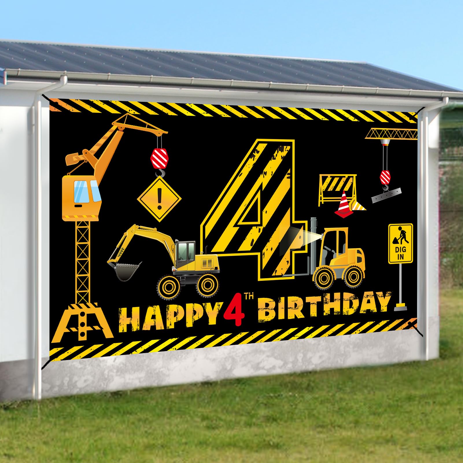 Kircirx 4th Birthday Banner for Boys – Excavator Dump Truck Theme, 72.8x43.3 Inch Polyester Party Decoration