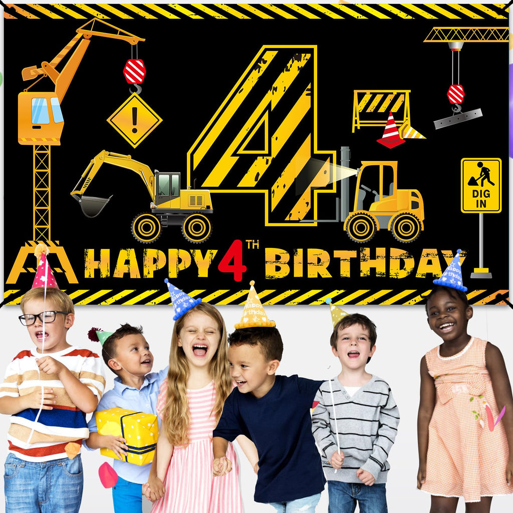Kircirx 4th Birthday Banner for Boys – Excavator Dump Truck Theme, 72.8x43.3 Inch Polyester Party Decoration