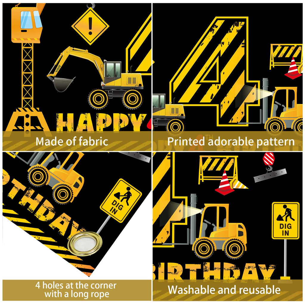 Kircirx 4th Birthday Banner for Boys – Excavator Dump Truck Theme, 72.8x43.3 Inch Polyester Party Decoration