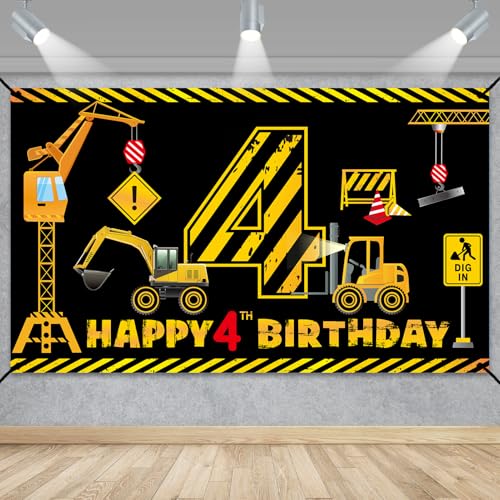 Kircirx 4th Birthday Banner for Boys – Excavator Dump Truck Theme, 72.8x43.3 Inch Polyester Party Decoration