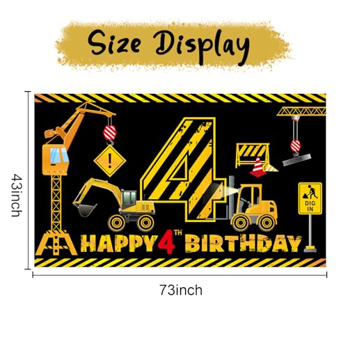 Kircirx 4th Birthday Banner for Boys – Excavator Dump Truck Theme, 72.8x43.3 Inch Polyester Party Decoration