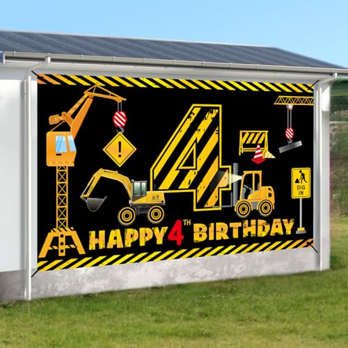 Kircirx 4th Birthday Banner for Boys – Excavator Dump Truck Theme, 72.8x43.3 Inch Polyester Party Decoration