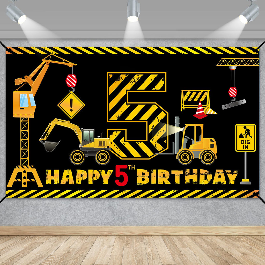 Kircirx 5th Birthday Banner for Boys – Excavator Dump Truck Theme, 72.8x43.3 inch Polyester