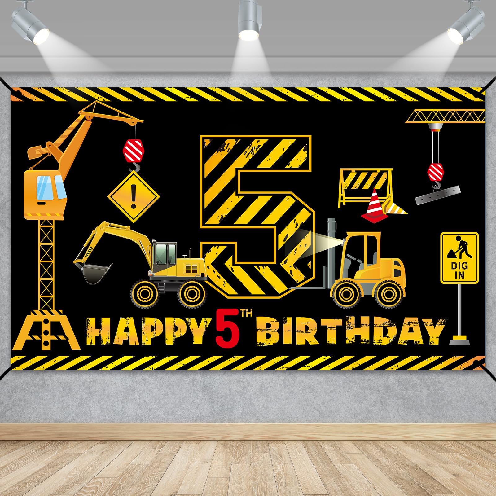 Kircirx 5th Birthday Banner for Boys – Excavator Dump Truck Theme, 72.8x43.3 inch Polyester