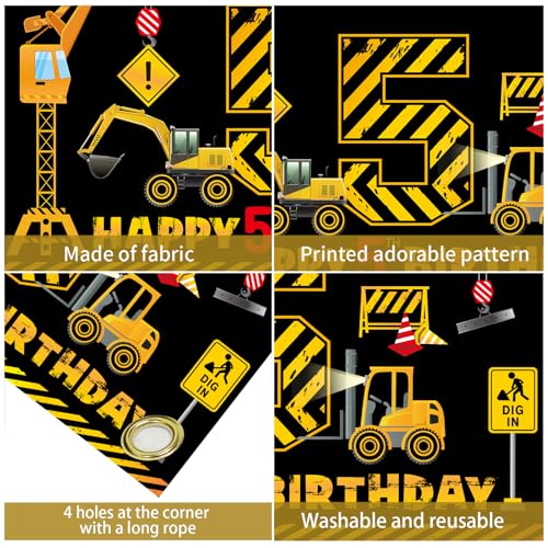 Kircirx 5th Birthday Banner for Boys – Excavator Dump Truck Theme, 72.8x43.3 inch Polyester