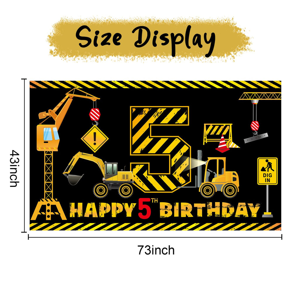 Kircirx 5th Birthday Banner for Boys – Excavator Dump Truck Theme, 72.8x43.3 inch Polyester