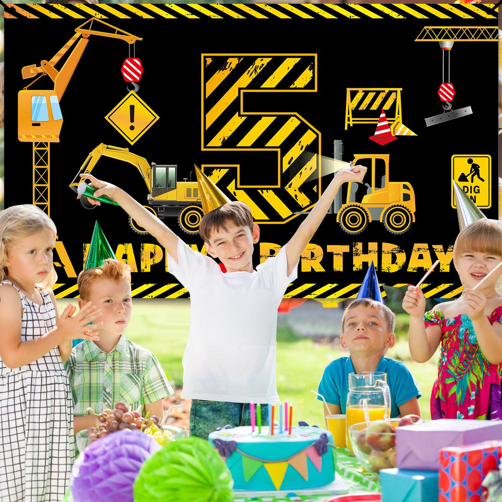 Kircirx 5th Birthday Banner for Boys – Excavator Dump Truck Theme, 72.8x43.3 inch Polyester