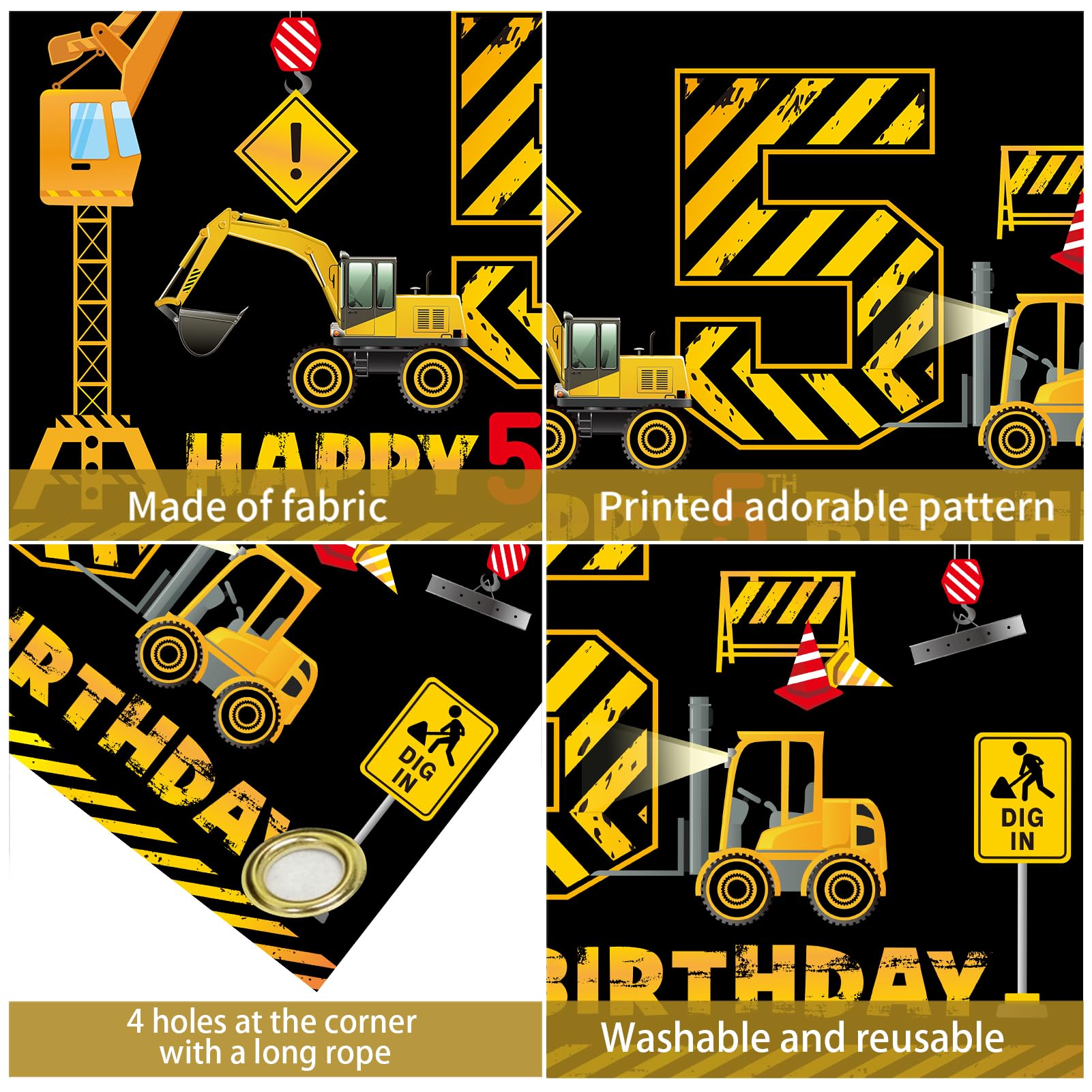Kircirx 5th Birthday Banner for Boys – Excavator Dump Truck Theme, 72.8x43.3 inch Polyester
