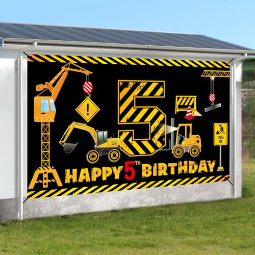 Kircirx 5th Birthday Banner for Boys – Excavator Dump Truck Theme, 72.8x43.3 inch Polyester
