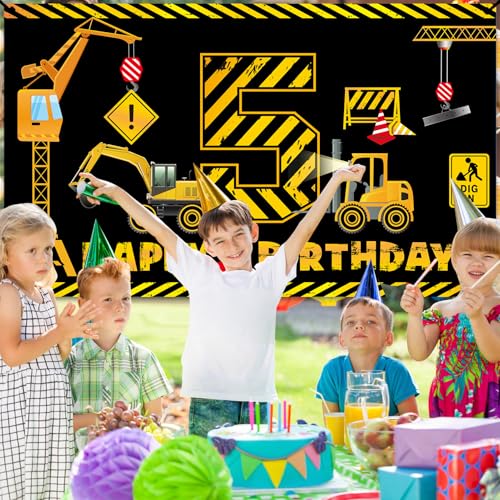 Kircirx 5th Birthday Banner for Boys – Excavator Dump Truck Theme, 72.8x43.3 inch Polyester