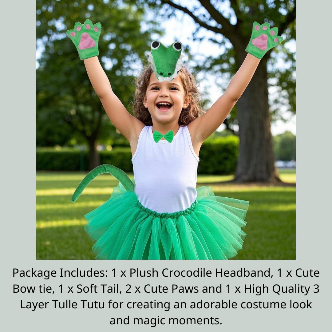 Kirei Sui Green Crocodile Tutu Costume Set for Girls – Headband, Bowtie, Tail, Paws
