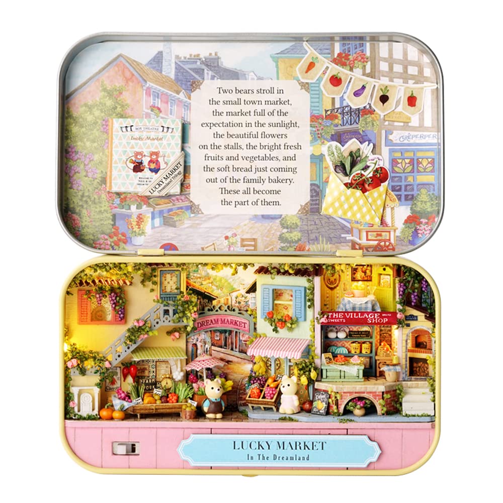 Kisoy Dollhouse Miniature Kit with Furniture – Handmade DIY Book Nook for Adults & Teens (Lucky Market)