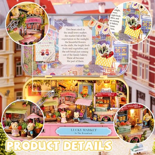Kisoy Dollhouse Miniature Kit with Furniture – Handmade DIY Book Nook for Adults & Teens (Lucky Market)