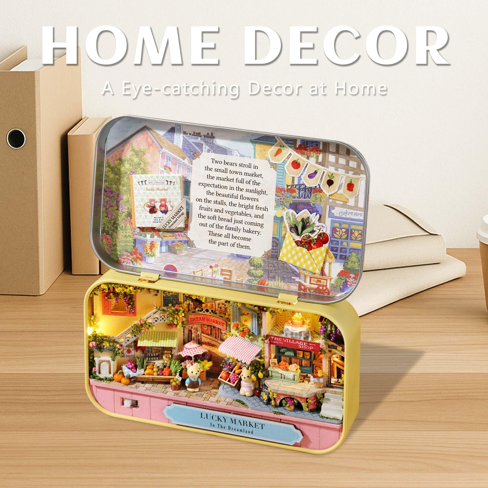 Kisoy Dollhouse Miniature Kit with Furniture – Handmade DIY Book Nook for Adults & Teens (Lucky Market)