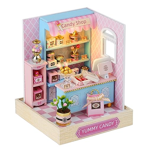 Kisoy Yummy Candy Dollhouse Miniature Kit – DIY Wooden Book Nook with LED Lights & Dust Cover