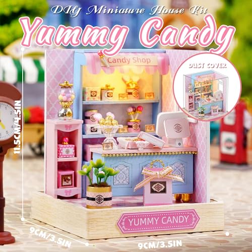 Kisoy Yummy Candy Dollhouse Miniature Kit – DIY Wooden Book Nook with LED Lights & Dust Cover
