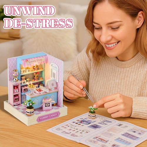 Kisoy Yummy Candy Dollhouse Miniature Kit – DIY Wooden Book Nook with LED Lights & Dust Cover