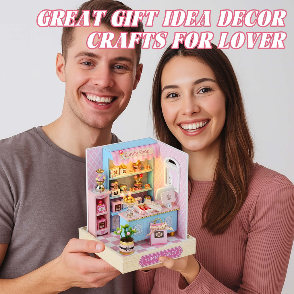 Kisoy Yummy Candy Dollhouse Miniature Kit – DIY Wooden Book Nook with LED Lights & Dust Cover