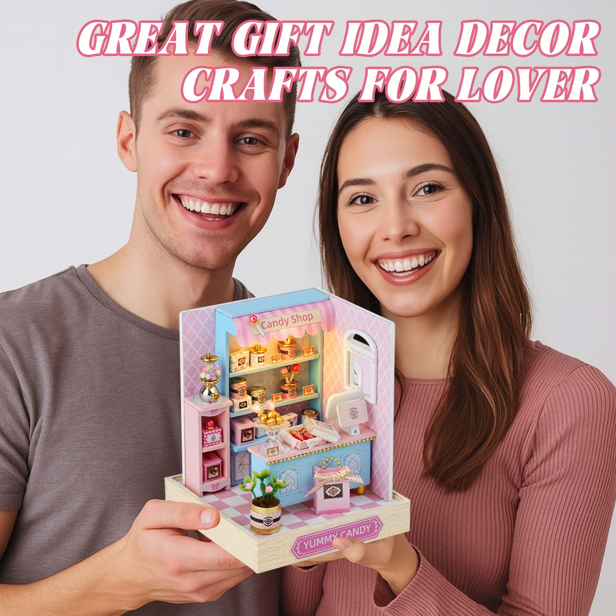 Kisoy Yummy Candy Dollhouse Miniature Kit – DIY Wooden Book Nook with LED Lights & Dust Cover