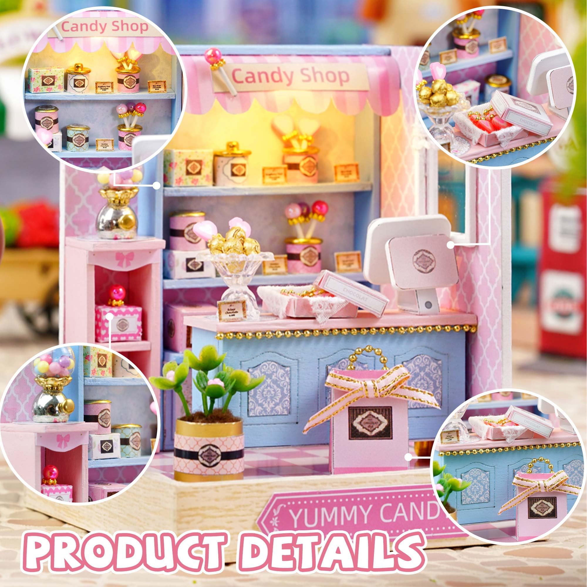 Kisoy Yummy Candy Dollhouse Miniature Kit – DIY Wooden Book Nook with LED Lights & Dust Cover