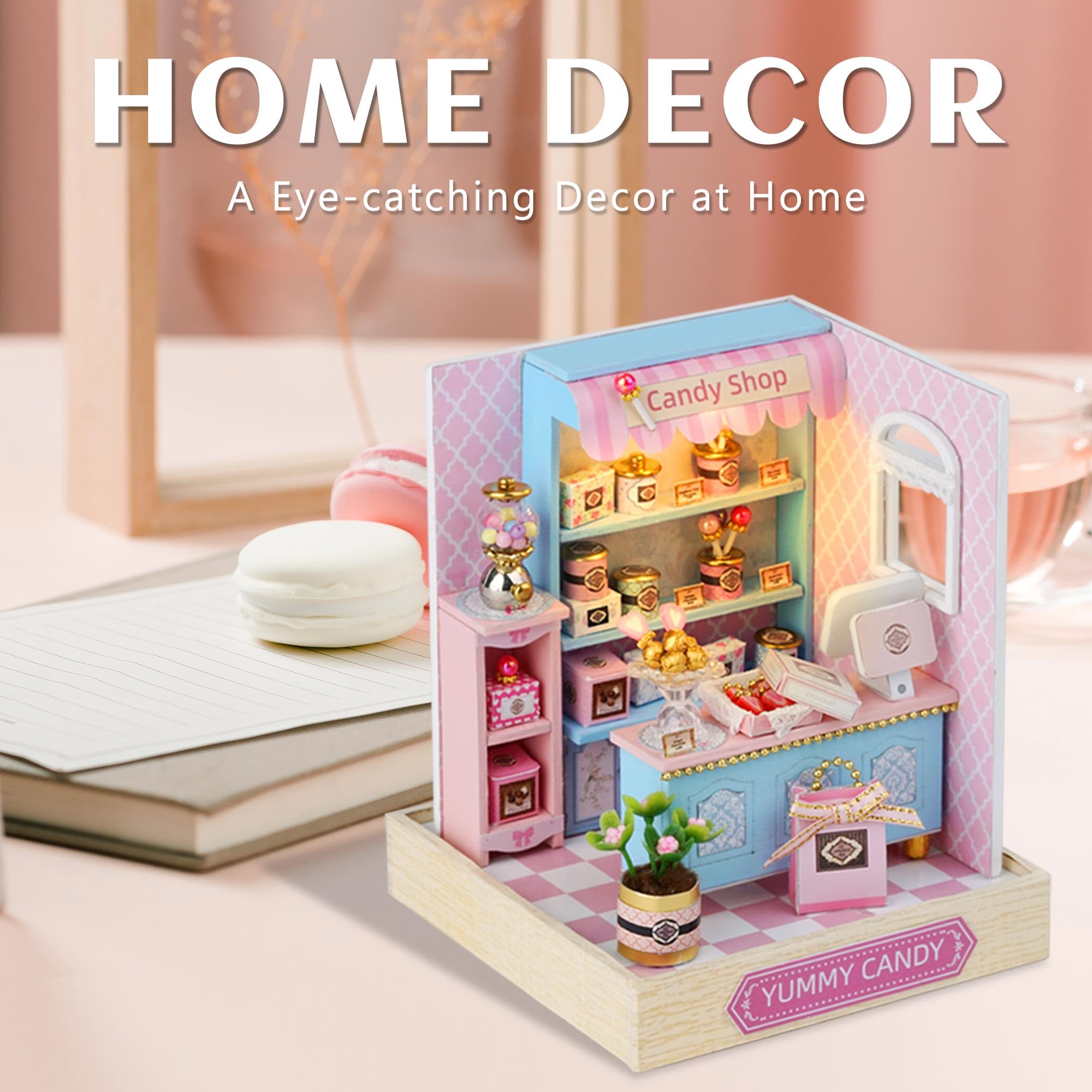 Kisoy Yummy Candy Dollhouse Miniature Kit – DIY Wooden Book Nook with LED Lights & Dust Cover