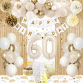 KISPATTI 60th Birthday Decorations Kit - White and Gold Balloons, Banner, Tablecloth & Cake Topper