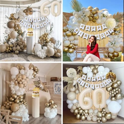 KISPATTI 60th Birthday Decorations Kit - White and Gold Balloons, Banner, Tablecloth & Cake Topper