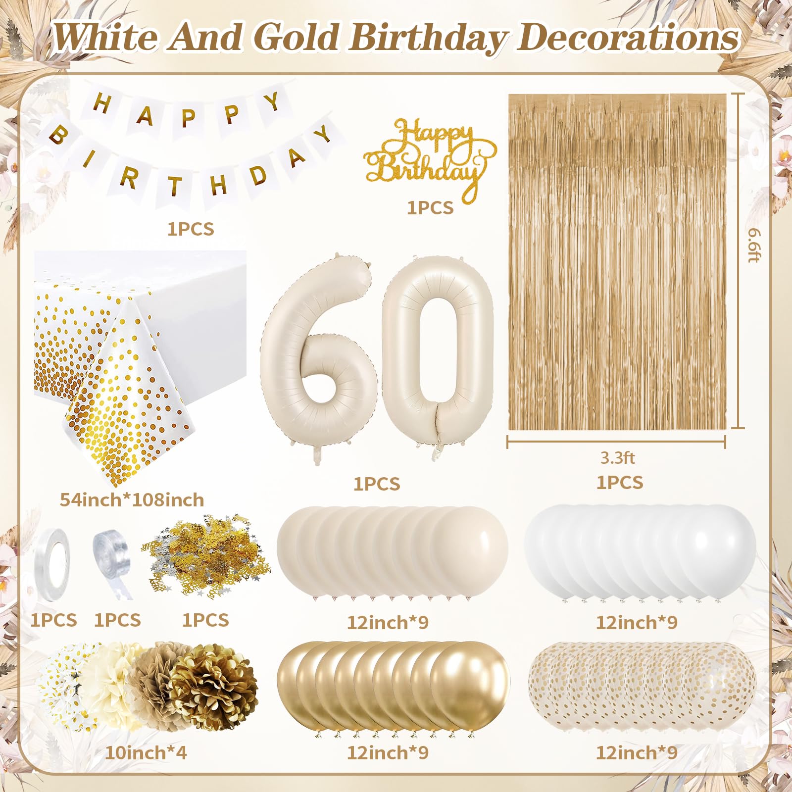 KISPATTI 60th Birthday Decorations Kit - White and Gold Balloons, Banner, Tablecloth & Cake Topper