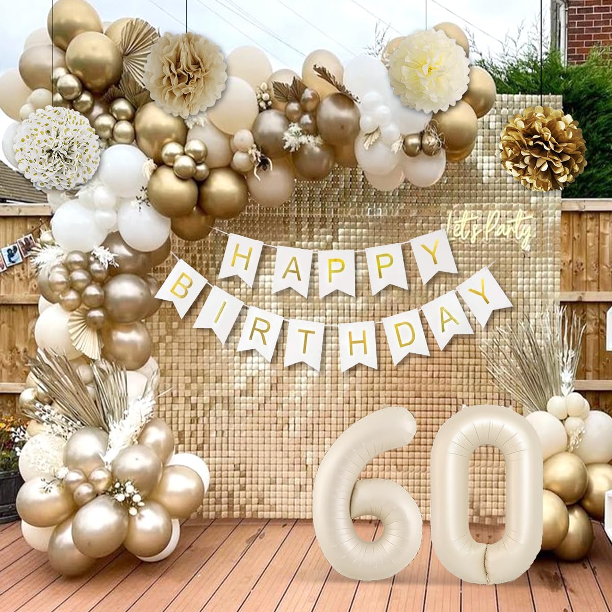 KISPATTI 60th Birthday Decorations Kit - White and Gold Balloons, Banner, Tablecloth & Cake Topper