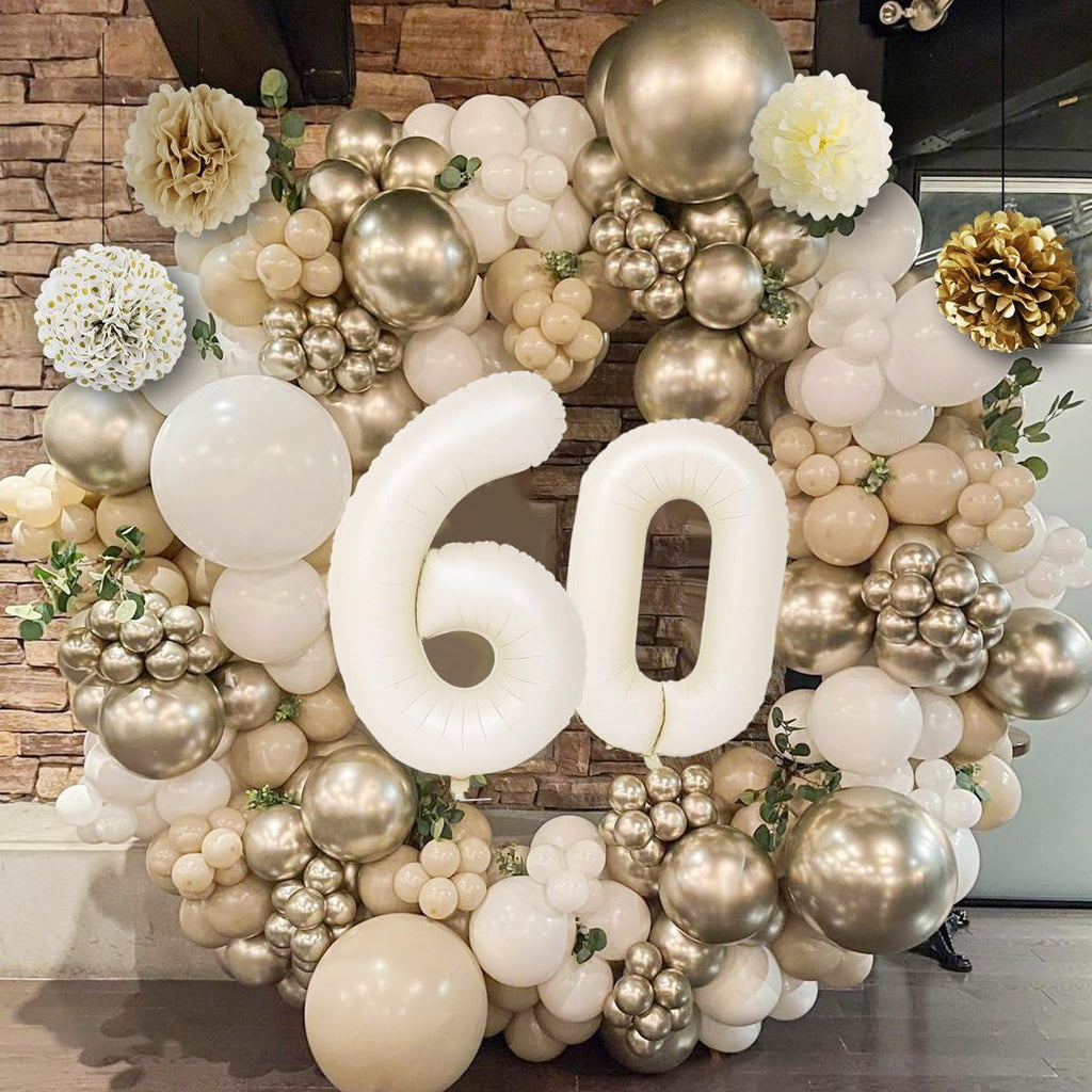 KISPATTI 60th Birthday Decorations Kit - White and Gold Balloons, Banner, Tablecloth & Cake Topper